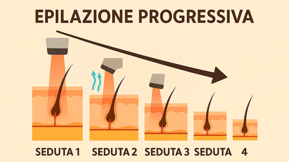 Grafico che mostra la riduzione graduale dei peli attraverso sedute di epilazione laser