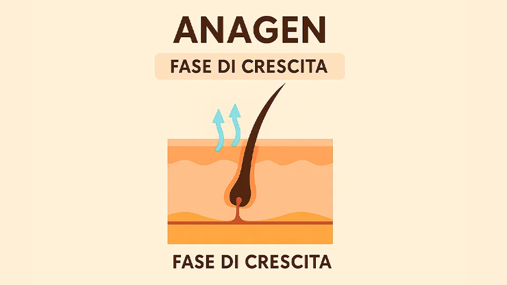 Illustrazione della fase anagen del ciclo pilifero, con follicolo attivo e crescita del pelo